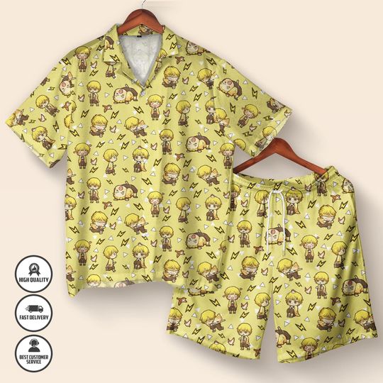 zenittsu Hawaiian Shirt and Shorts Set  demon Summer Outfit  Cute Anime Button Up Shirt  zenittsu Kawaii Vacation Look  Anime Gift