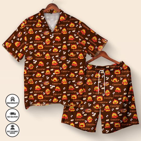 Calcifer Hawaiian Shirt & Shorts Set  Studio Ghibli Summer Outfit  Moving Castle Anime Shirt  Button-Up Matching Set for Fans