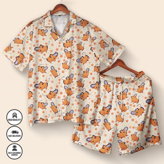 Discover Pochiita Hawaiian Shirt & Shorts Set  Chainsaw Summer Outfit  Anime Button-Up Shirt  Manga Streetwear Gift for Fans