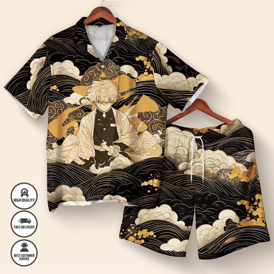 zenittsu demon Hawaiian Shirt  Anime Button Up Summer Shirt  Funny demon Shirt  Japanese Streetwear  Anime Lover Gift