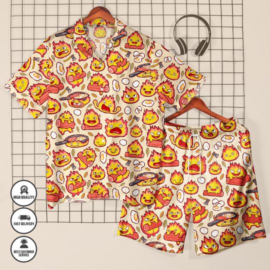 Calcifer Hawaiian Shirt & Shorts  Studio Ghibli Summer Outfit  Howls Moving Castle Button-Up Anime Shirt  Anime Vacation Wear