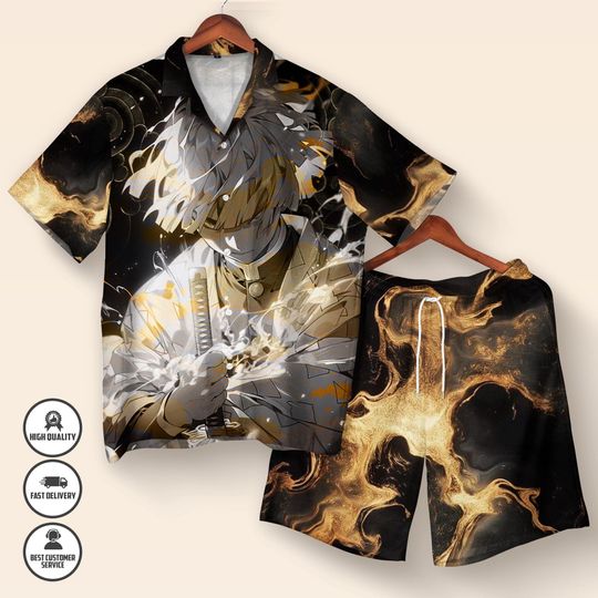 zenittsu demon Hawaiian Shirt  Anime Button Up Summer Shirt  Funny demon Shirt  Japanese Streetwear  Anime Lover Gift