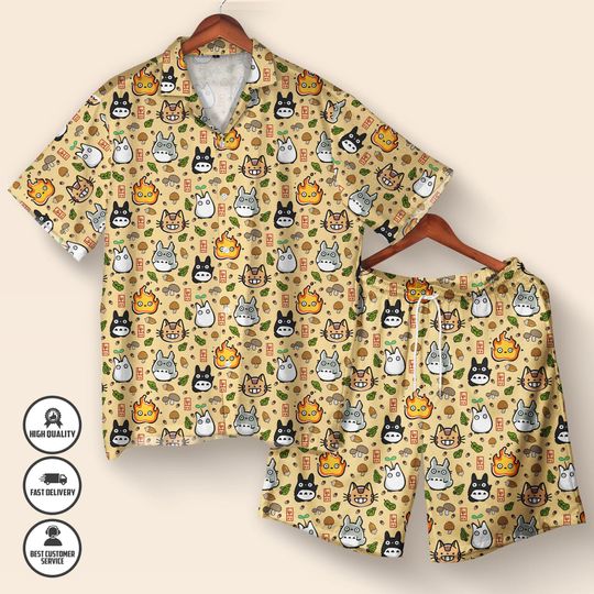 Calcifer & Totoro Hawaiian Shirt  Ghibli Studio Anime Summer Shirt  Cute Button Up Shirt  Japanese Streetwear  Anime Lover Gift