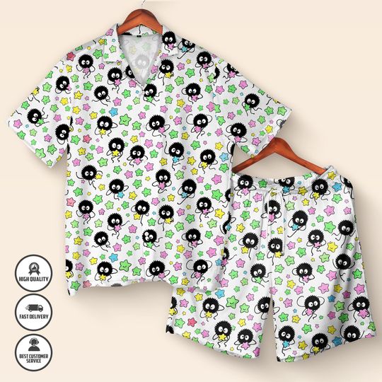 Soot Sprite Hawaiian Shirt & Shorts Set  Studio Ghibli Summer Outfit  Anime Button-Up Shirt  Spirited Away Gift for Ghibli Fans
