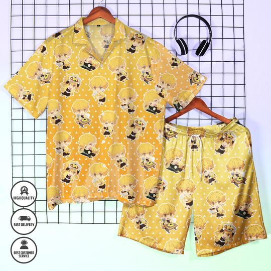 zenittsu Agatsuma Hawaiian Shirt  demon Button Up Summer Shirt  Anime Beachwear  Cute Kawaii Shirt for Anime Fans