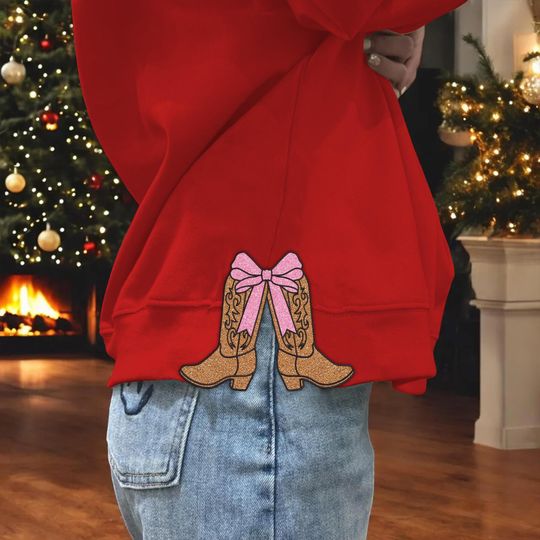 Discover Howdy Christmas Boots Side Coquette Bow Sweatshirt Embroidery Design, Western Christmas Appliqu, Glitter Side Bow Christmas Embroidery File