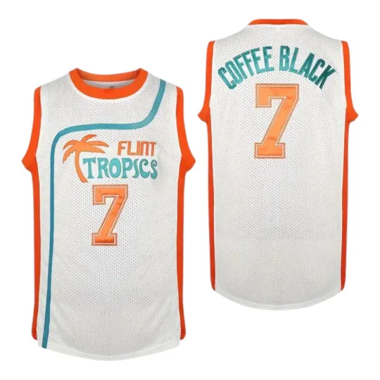 Flint Tropics Coffee Black #7 Semi Pro Movie Basketball Jersey White