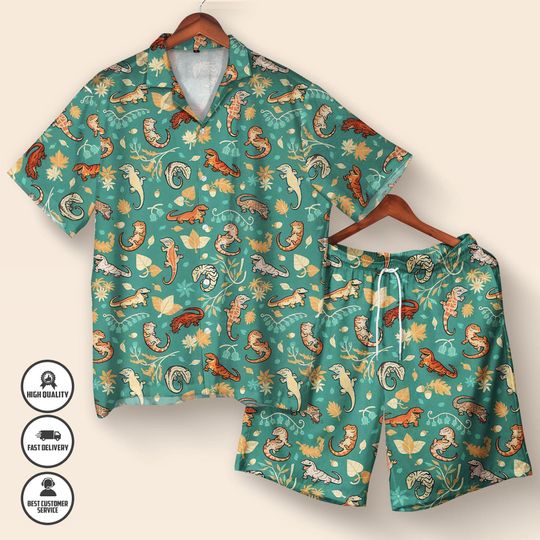 Discover Lizard Hawaiian Shirt & Shorts Set  Cute Reptile Print Outfit  Funny Animal Summer Button-Up for Pet Lovers