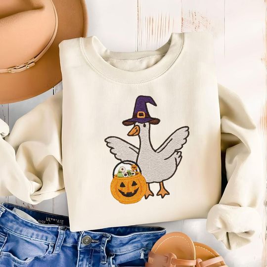 Halloween Goose Embroidered Sweatshirt, Trick or Treat Goose Shirt, Cute Witchy Fall Crewneck for Spooky Season, Halloween Gift