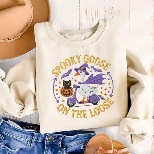 Discover Spooky Goose on the Loose Sweatshirt, Embroidered Halloween Goose Shirt, Cute Witchy Fall Pullover, Halloween Embroidered Goose Gift