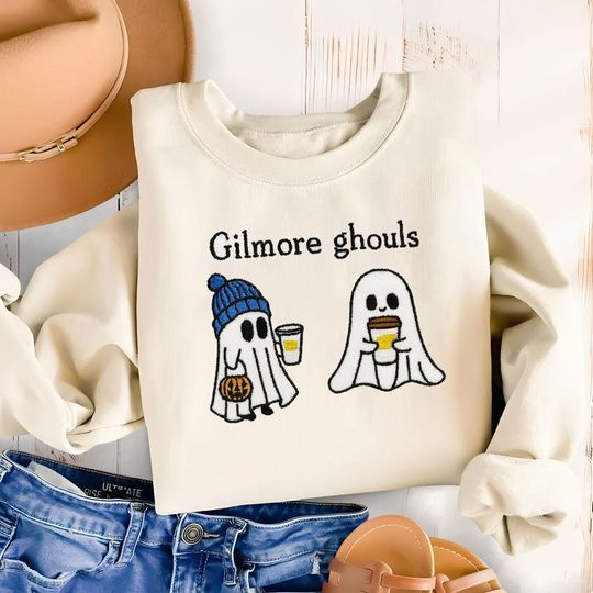 Discover Gilmore Ghouls Ghost Sweatshirt, Embroidered Fall Pullover, Cute Spooky Halloween Cozy Shirt for Fans, Halloween Gilmore Ghost Gift