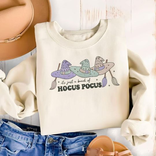 Hocus Pocus Witch Hat Sweatshirt, Pastel Witch Embroidered Shirt, Halloween Fall Cozy Crewneck, Witchy Autumn Pullover, Halloween Gift