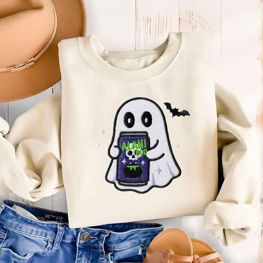 Discover Embroidered Alani Boo Ghost Sweatshirt, Halloween Pullover, Cute Ghost Fall Shirt, Cozy Spooky Season Crewneck, Halloween Gift