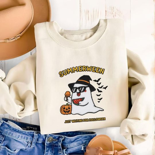 Discover Summerween Embroidered Sweatshirt, Just Waiting for Halloween Shirt, Fall Season Tee, Spooky Summer Shirt, Pumpkin Gift, Beach Skeleton