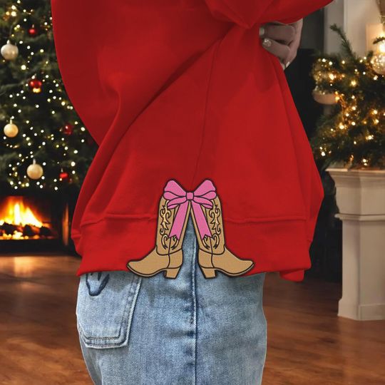 Discover Howdy Christmas Boots Side Coquette Bow Sweatshirt Embroidery Design, Glitter Side Bow Christmas Embroidery File, Western Christmas Appliqu