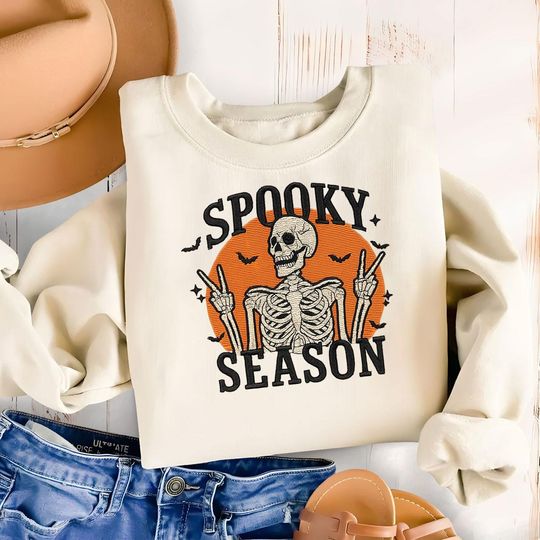 Discover Spooky Season Embroidered Sweatshirt, Spooky Halloween, Fall Vibes Shirt, Cozy Season Shirt, Cute Fall Shirt, Halloween Gift