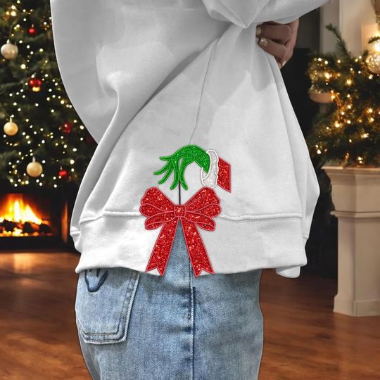 Grin Hand Side Bow Sweatshirt, Christmas Shirt, Women Christmas Outfit, Christmas Gift