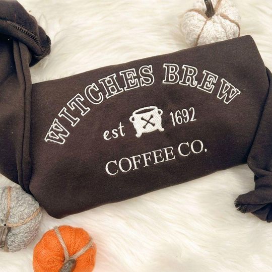 Discover Witches Brew Halloween Embroidered Sweatshirt, Witch Coffee Embroidered Sweatshirt, Holiday Crewneck Jumper, Spooky Season Shirt Gift