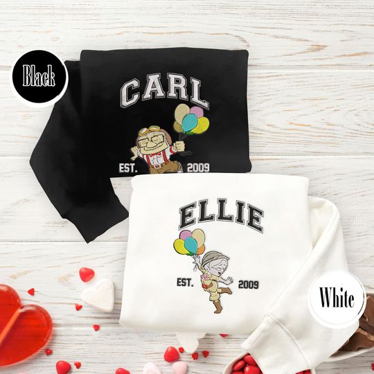 Discover His Ellie And Her Carl Embroidered Sweatshirt, Cartoon Up Balloon Couple Embroidered Shirt, Valentine's Day Gifts
