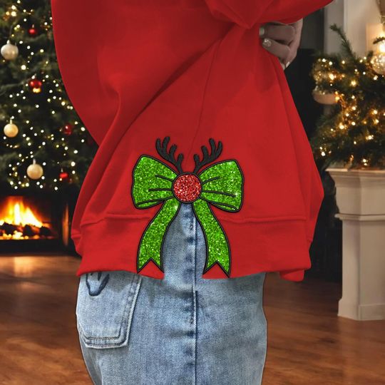 Discover Glitter Bow Reindeer Christmas Embroidery File, Side Bow Applique Sweatshirt Embroidery Design, Holiday Bow Embroider File 6 Sizes Download