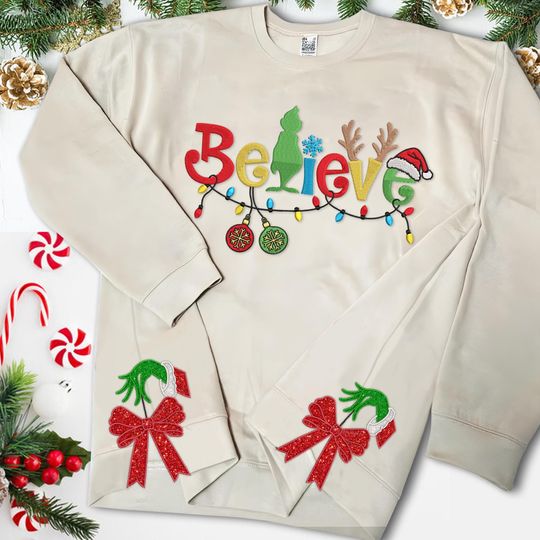 Discover Christmas Side Bow Embroidery Design, Side Bow Believe Appliqu Sweatshirt Embroidery Design,Funny Bow Appliqu Hand Design from 4 to 9 inch