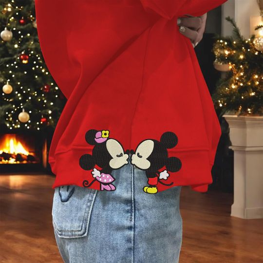 Discover Couple Valentine's Day Embroidery Design, Cartoon Valentine Side Bow Sweatshirt Design, Kiss Embroidery, Embroidery Magical Heart Valentines
