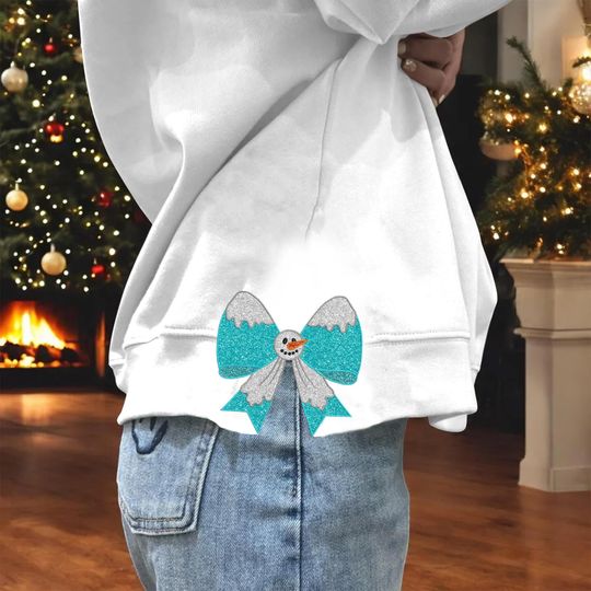 Snowman Side Bow Applique Sweatshirt with Embroidery, Christmas Snowman Bow Design
