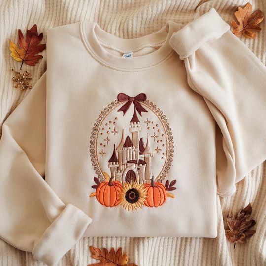 Discover EMBROIDERED Disney Castle Pumpkin Sweatshirt, Fall Thanksgiving Sweater, Magical Castle Shirt, Magic Kingdom Shirt, Disney Fall Trip Shirt