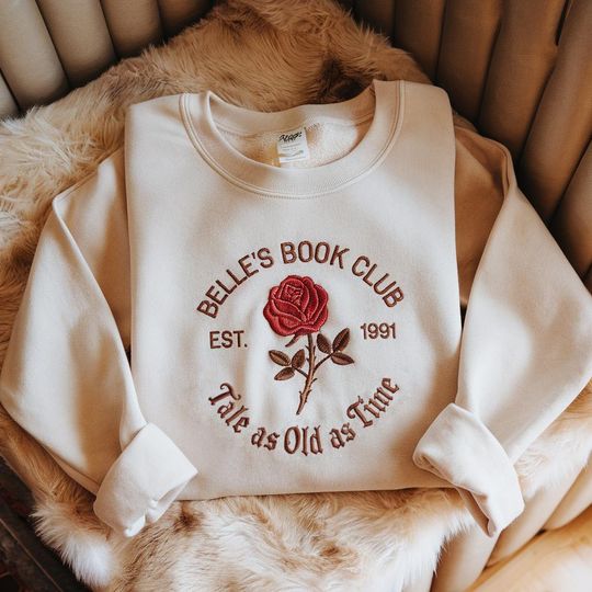 Discover Embroidered Belle's Book Club Sweatshirt, Disney Princess Crewneck Sweater, Belle Rose Sweatshirt, Beauty and the Beast Sweatshirt