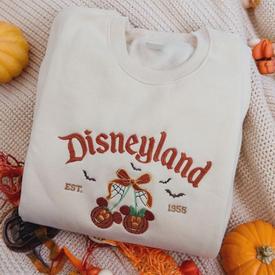 Embroidered Disneyland Halloween Sweatshirt - Pumpkin Coquette Crewneck - Cozy Autumn Shirt