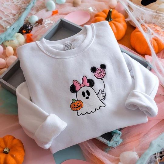 Discover Cute Halloween Embroidered Sweatshirt, Ghost Minnie Pumpkin Shirt, Spooky Season Disney Crewneck, Pink Bow Ghost Embroidery, Fall Cozy Gift