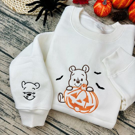 Winnie the Pooh Halloween Embroidered Sweatshirt, Pumpkin Pooh Bear Crewneck, Disney Halloween Shirt, Spooky Fall Outfit, Cozy Autumn Disney
