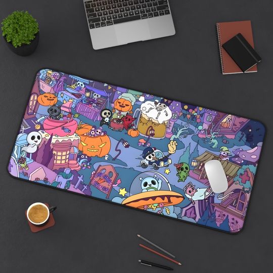 Discover Bright and Cheerful Halloween Desk Mat Pastel Ghost Friends and Cute Pumpkin Decorations Playful Ghosts and Cozy Fall Colors for Anime Fans