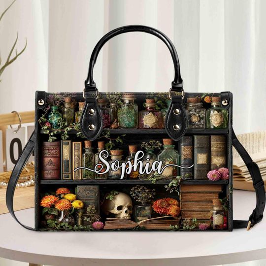 Discover Vintage Apothecary Bookshelf Tote and Wallet Set, Gothic Floral Skull Leather Handbag