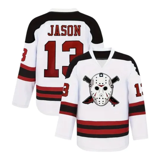 Discover Friday The 13th Jason Voorhees Mask Hockey Jersey Movie Horror White