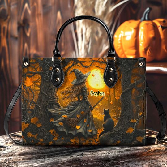 Discover Personalized Gothic Witchy Print Leather Handbag with Handle