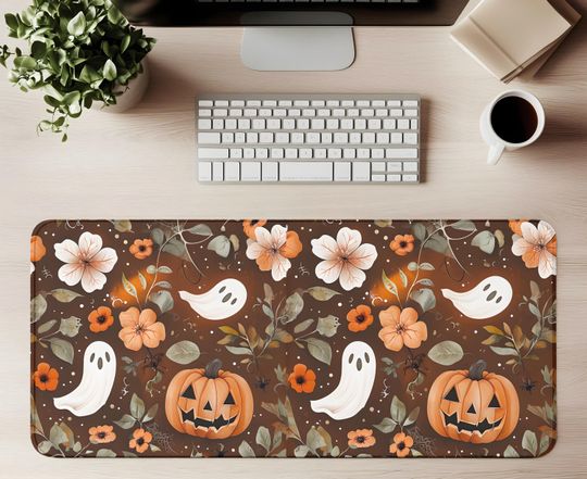 Cottagecore Halloween Desk Mat: Spooky Ghosts, Pumpkins & Flowers