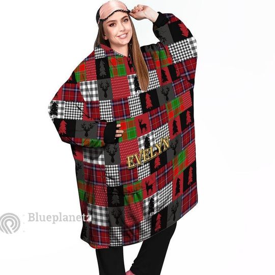 Discover Custom Name Christmas Hoodies Blanket, Personalized Plaid Christmas Deer Wearable Hoodie Blanket, Custom Pattern Oversized Blanket
