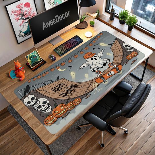 Halloween Skateboard Ghost Desk Mat: Spooky Skater Office Decor