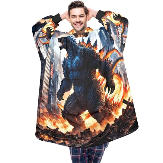 god zilla Blanket Hoodie Retro Kaiju Monster Fleece Blanket