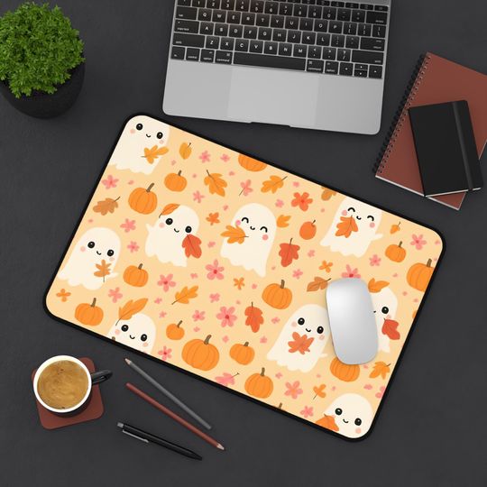 Discover Halloween Desk Mat, Cute Ghost Pumpkin Flower Girly Design for Fall, Office Accessories, Desk Decor, Work from Home Setup,