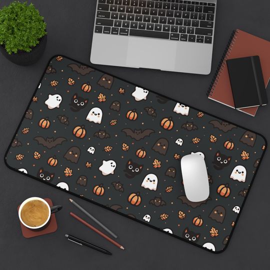 Halloween Desk Mat, Cute Halloween Gaming Mouse Pad, Kawaii Ghosts Bats Pumpkins Cats Pattern, Fun Office Decor, Spooky Work Desk Accessory