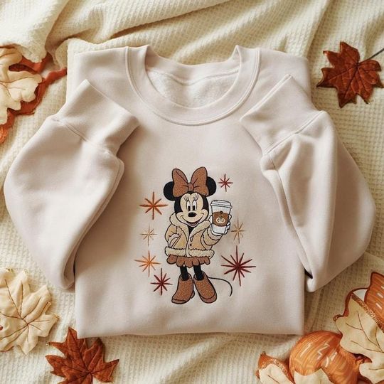Minnie Mouse Fall Embroidered Sweatshirt, Cozy Autumn Disney Sweater, Pumpkin Spice Coffee Minnie Shirt, Cute Disney Pullover for Women