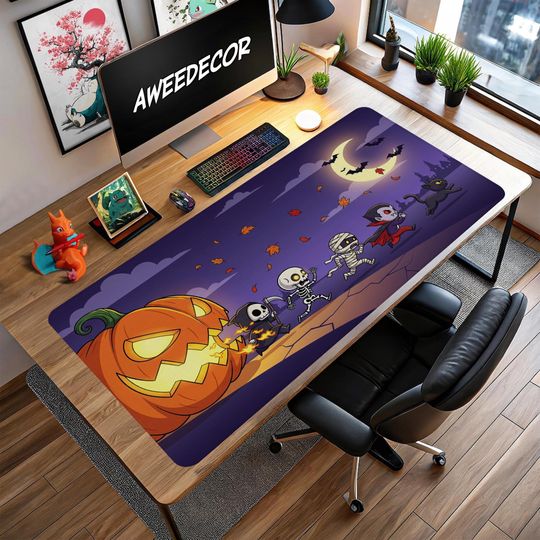 Halloween Desk Mat: Spooky Pumpkin, Skeleton & Vampire - Gothic Office Decor