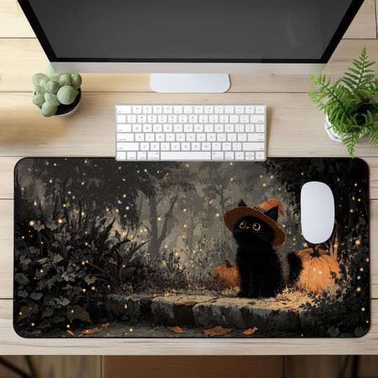 Halloween Black Cat Mouse Pad - Kawaii Halloween desk mat - Large game mouse pad - Desk mat gaming - Desk mat aesthetic - Halloween decor