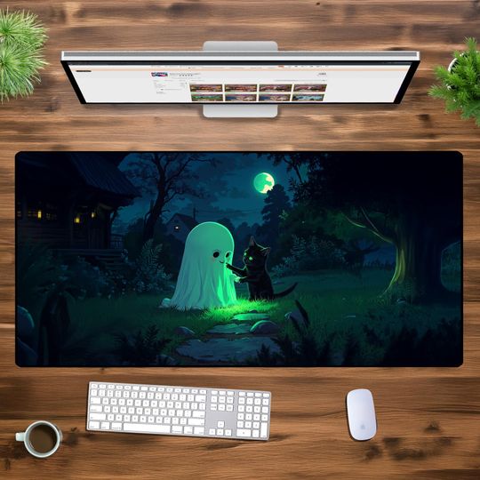 Cute Ghost & Black Cat XXL Mousepad  Halloween Aesthetic Desk Mat  Spooky Cottagecore Gaming Pad  Glow-in-the-Dark Fantasy