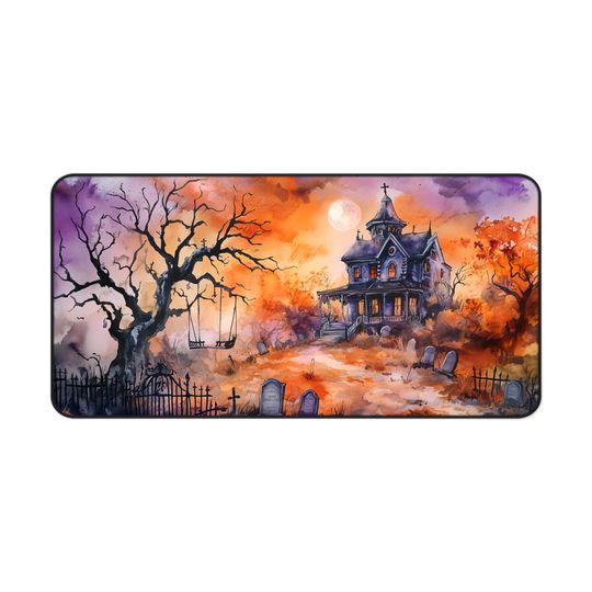 XL Halloween Desk Mat | Spooky Haunted House Mouse Pad | Gothic Home Office Decor | Gamer Gift | Teacher Desk Accessory