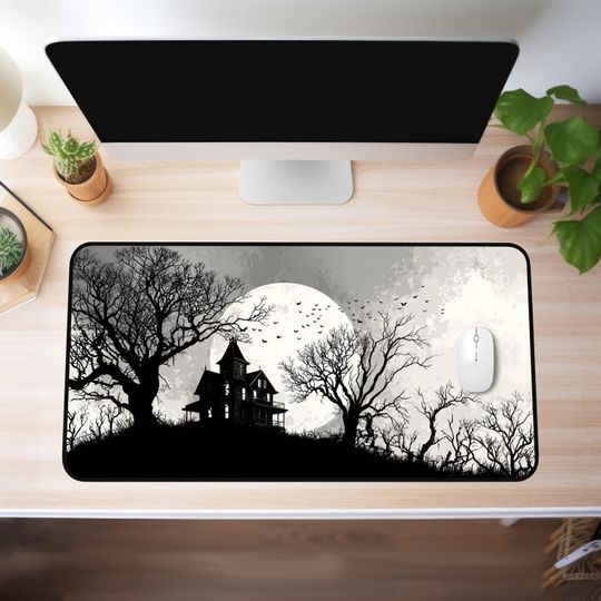 Haunted House Mouse Pad  Gothic Halloween Desk Mat with Full Moon, Bats AND Spooky Trees  Creepy Horror Gift for Gamers & Office Decor