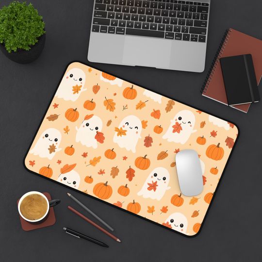 Autumn Ghost Pumpkin Leaf Desk Mat, Fall Colors, Cute Halloween Office Decor, Fall Desk Accessory, Harvest Table Protector