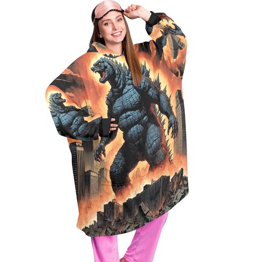 god zilla Blanket Hoodie Retro Kaiju Neon Art Personalized